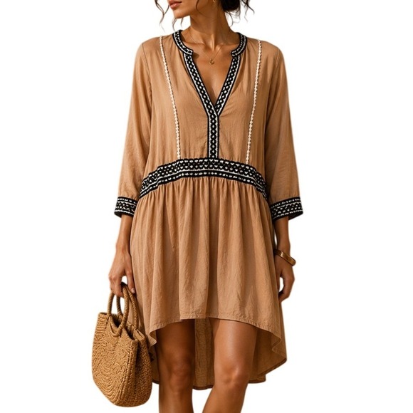 Zara Dresses & Skirts - Zara Terracotta Tan Linen Blend Crochet Trim Midi Dress Long Sleeve Womens M